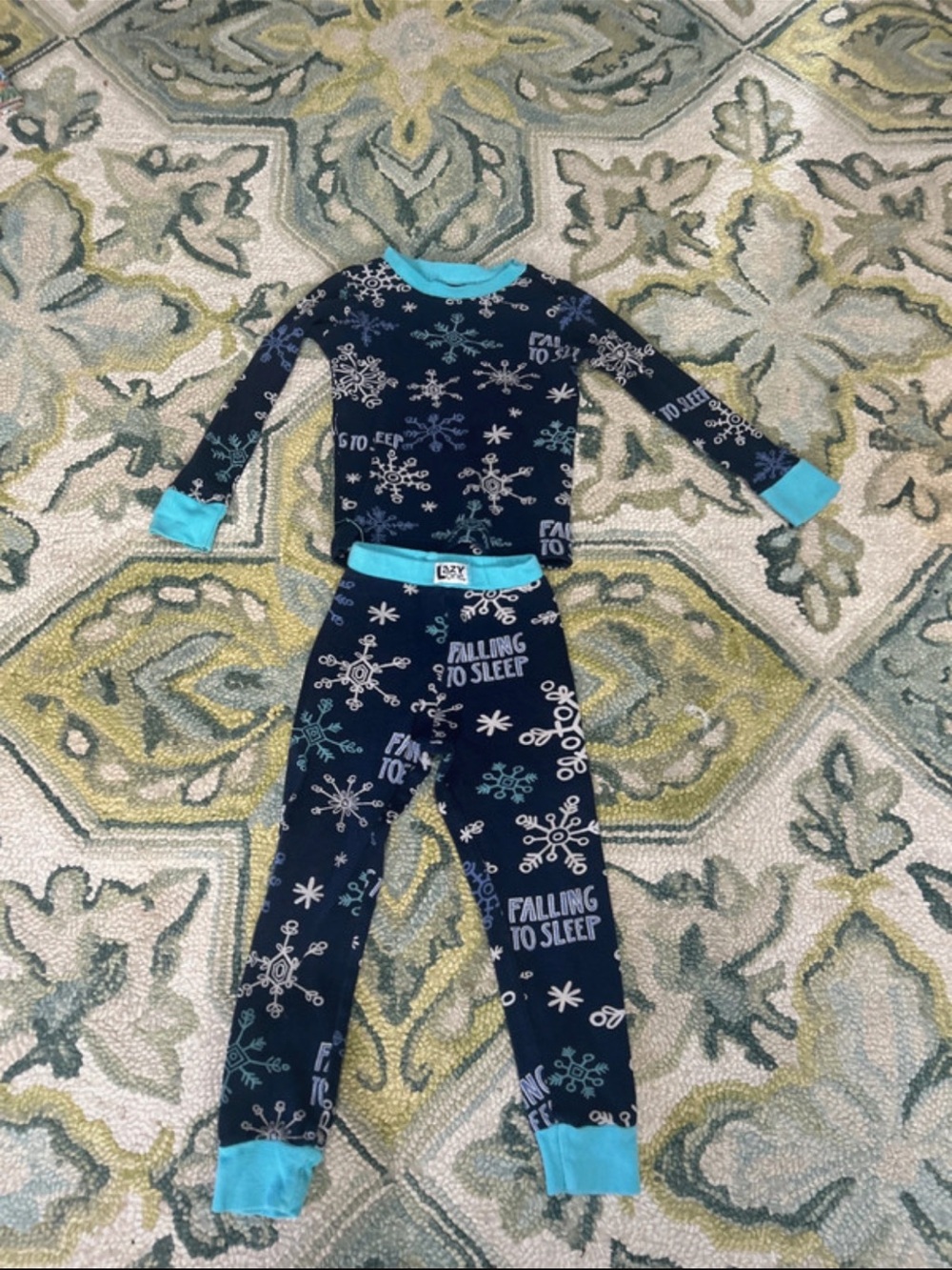 Lazy One Navy and Teal Snowflake Kids Pajama Set